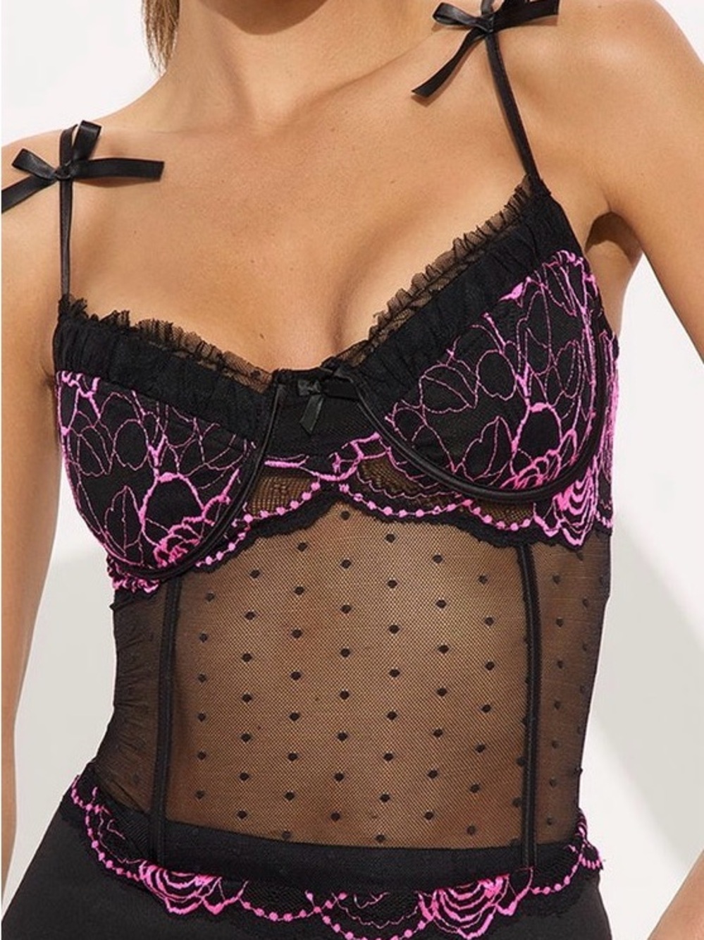 Fashion Nova Black Sheer Bustier with Hot Pink Lace